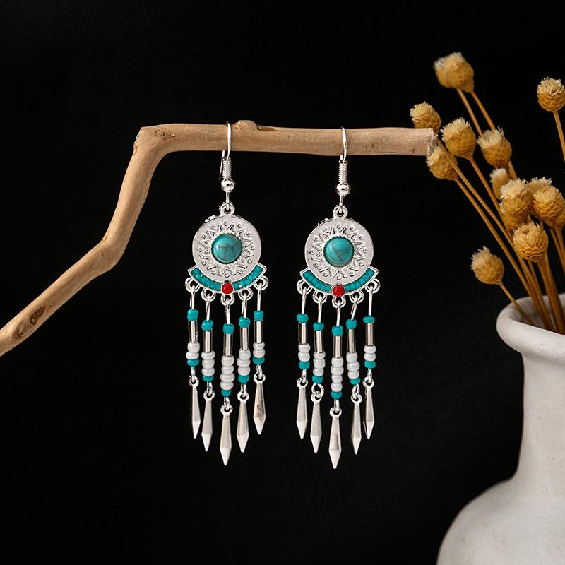 Bohemian Ethnic Miao Silver Turquoise Tassel Earrings for Women
