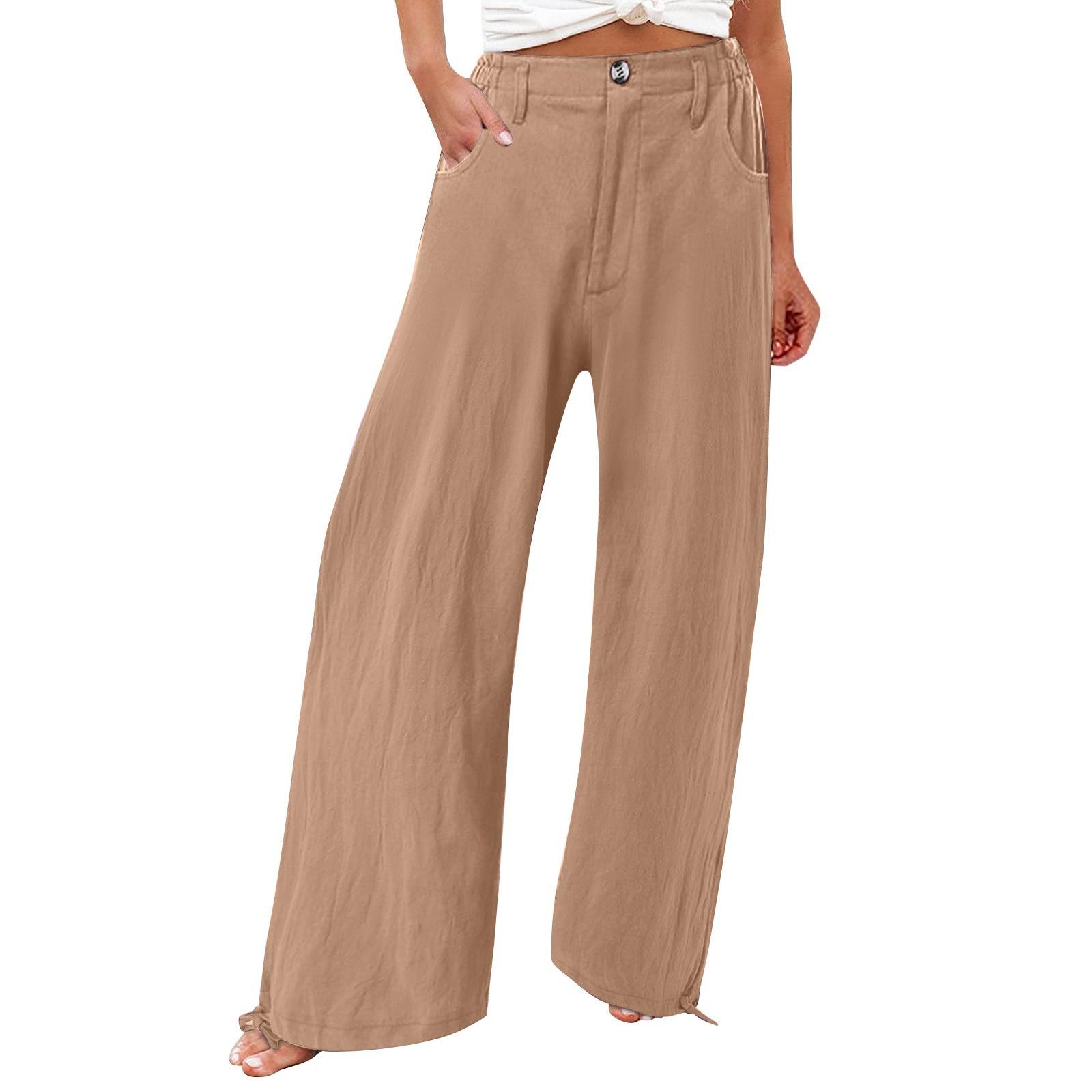 

Summer Cotton Linen Wide Leg Pants Women Loose Palazzo Pant Pocket Elastic Waist Button Casual Pants XL хакі