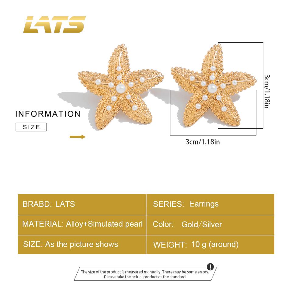 LATS Trendy Gold Color Simulated Starfish Stud Earrings for Women Exquisite Small Star Zircon Earring Summer Beach Daily Zircon