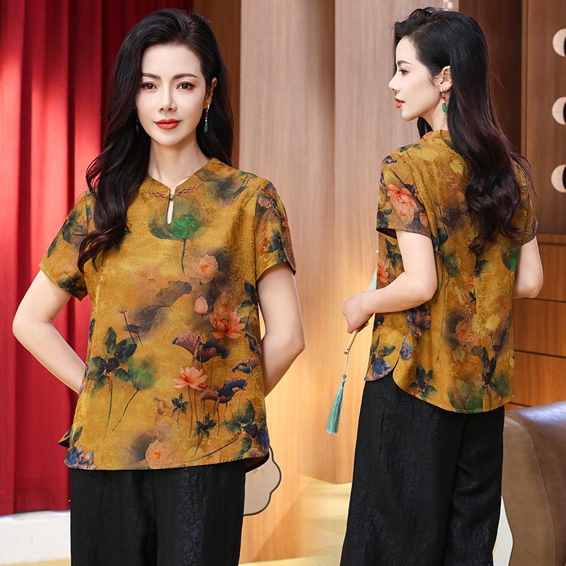 Hualuo fragrant cloud yarn women's top summer retro cheongsam loose and thin mulberry silk shirt