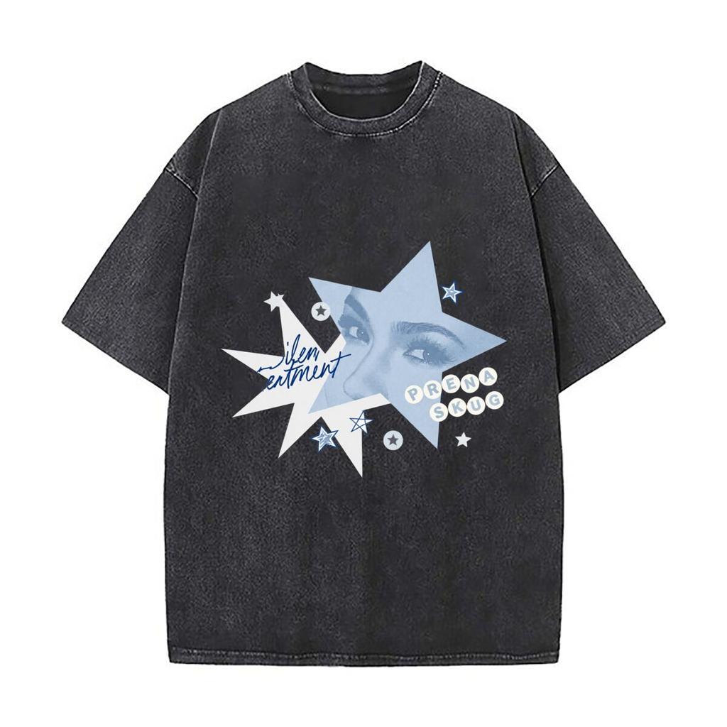 Silent Treatment Blue Face Star Collage Graphic Vintage Distressed Loose Streetwear Tops for Campus Days