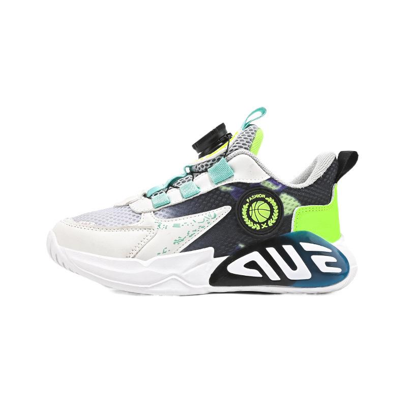 Male and Female Students Fashion Sports Shoes Medium and Older Children Casual Rotating Button Cushioning Running Shoes Mesh Breathable Basketball