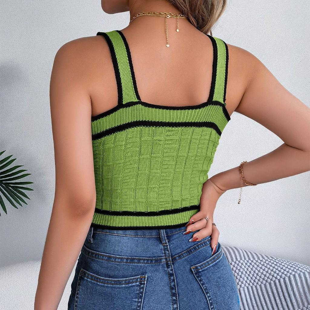 Women's Fashion Casual Contrast Color Square Neck Button Bare Navel Sleeveless Sweater Vacation Top