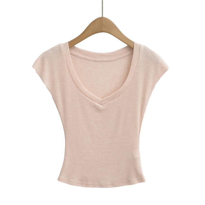 Summer new Spice Girl thin micro-transparent V-neck tencel short-sleeved top women's short slim-fitting waist T-shirt bottoming shirt