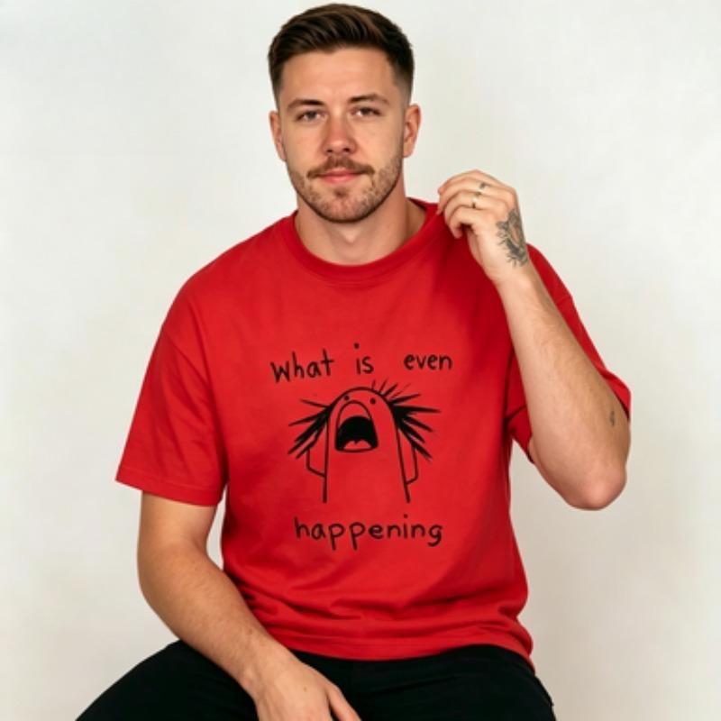 Unisex Casual What Is Even Happening Doodle Shocked Figure Print Relaxed Funny Meme Graphic Daily Wear Cotton Blend Tshirt