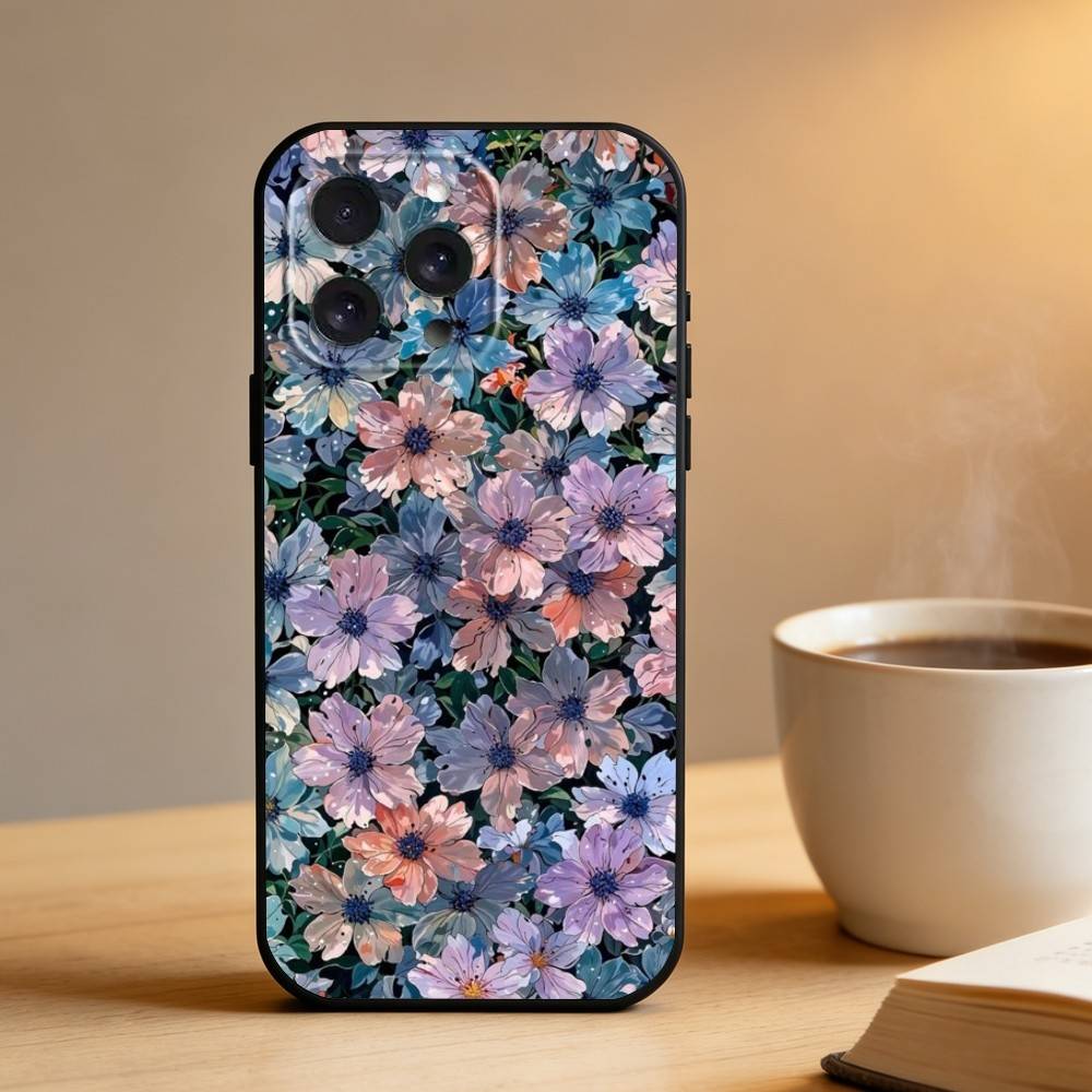 Flowers art  Phone Case For iPhone 16,15,14,13,12,17,Pro Max,Plus Silicone Black Case