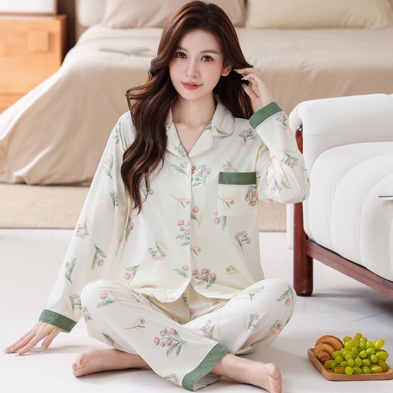 Baumwollimitat Pyjama Damen Herbst pastoral floral langärmlig lässige Mode Loungewear mittelgrüner Anzug