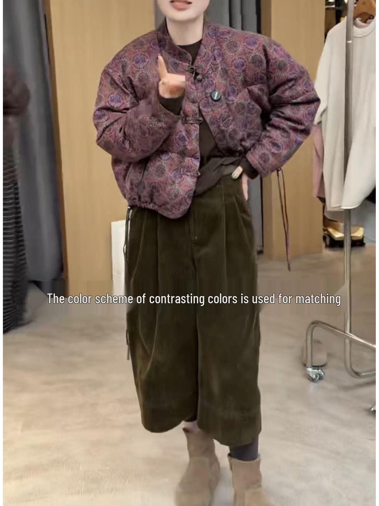 

Fashionable Retro Print Corduroy Jacket & Wide Leg Pants Set L