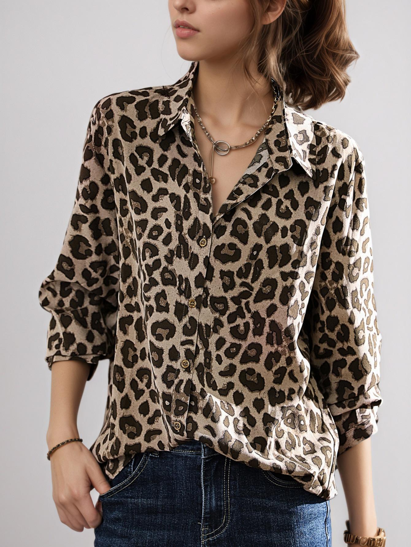 

2026 New Elegant Women s Chiffon Leopard Print Slimming Top Large