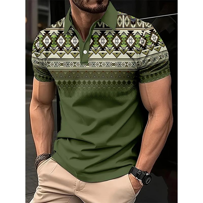 Men’s Ethnic Geometric Printed Short‑Sleeve Polo Shirt Lapel Collar Slim‑Fit Breathable Summer Tops