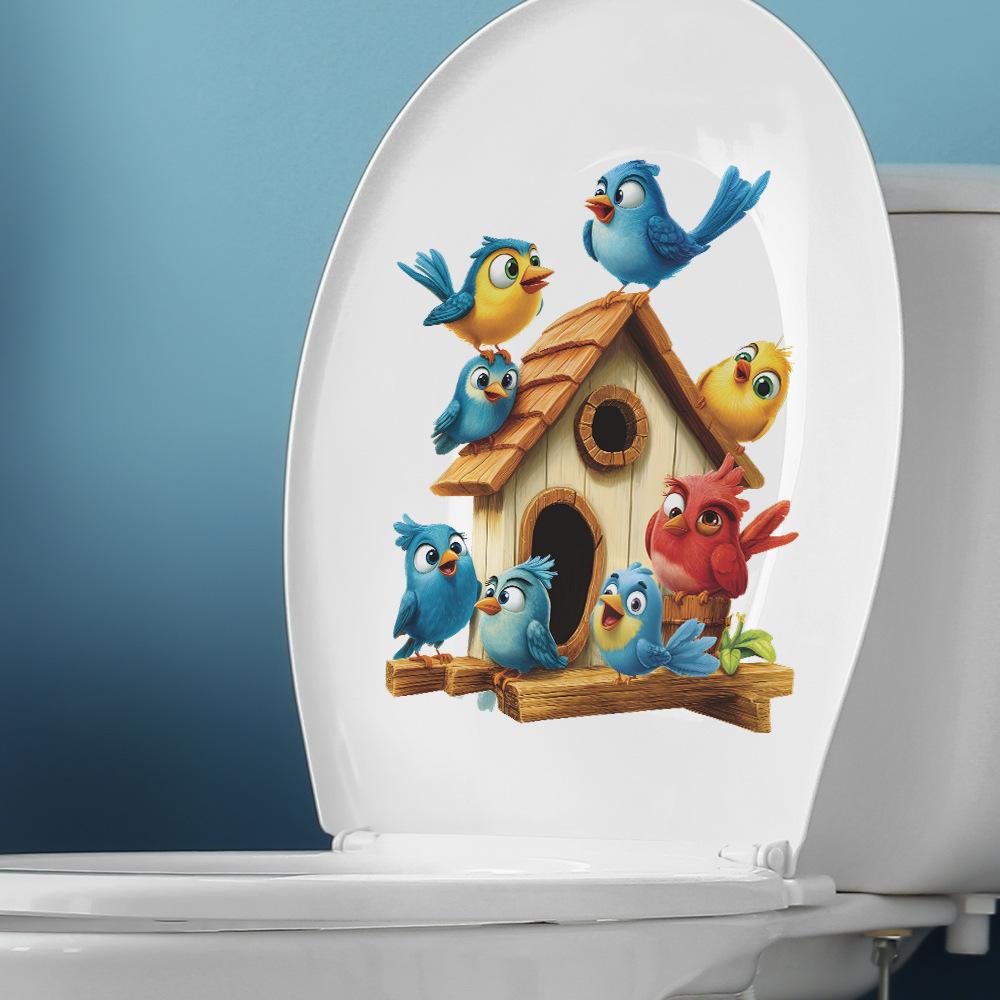 Cartoon Birdhouse with Birds Toilet Seat Sticker Bathroom Decor Nature Themed Removable Decal