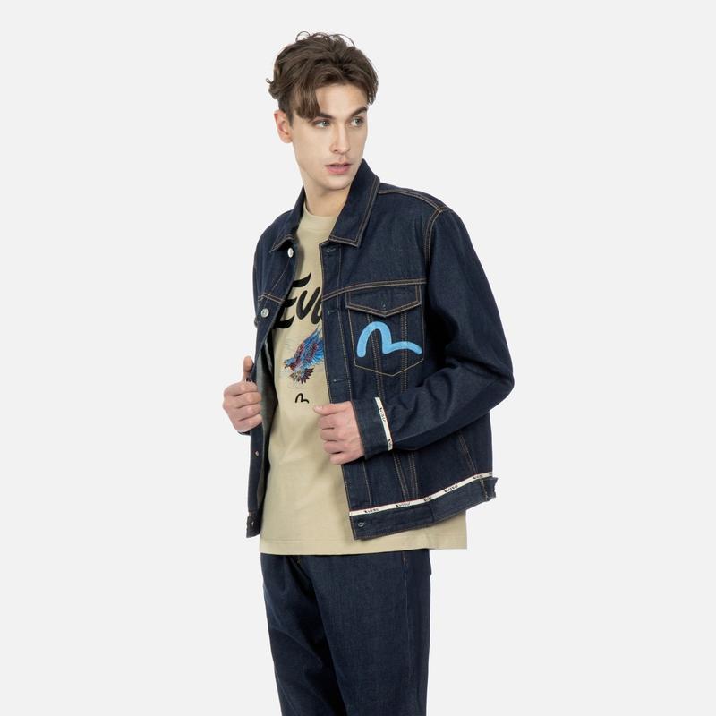 Evisu Giacca di jeans monopetto da uomo con ricamo di gabbiano e aquila sul retro Giubbotti di jeans Blu Denim 2ESHTM3DJ115XXCT