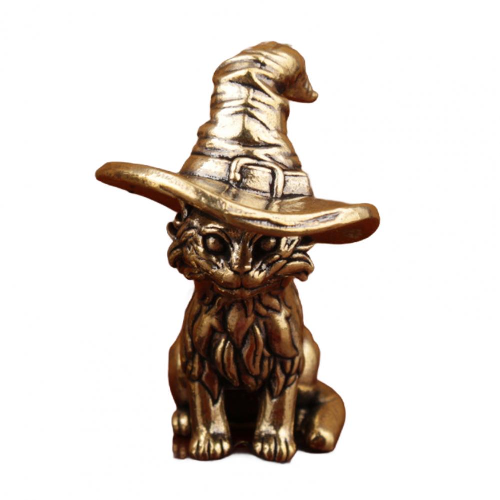 Demon Cat Ornament Retro Brass Cat Sculpture Enchanting Retro Cat Witch Ornament with Hat Solid Brass Sculpture for Desktop