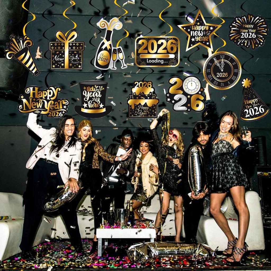 New Year Theme Party Supplies Happy 2026 New Year Hanging Swirls 20Pcs New Year's Eve Hanging Decorations 2026 Countdown Party Ceiling Streamers for