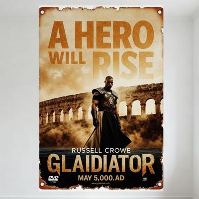 Cartello Metallica Vintage Film Gladiatore, Russell Crowe Stile Invecchiato Usurato, Un Eroe Sorgerà & 5000 d.C. Testo, Casa Ba