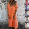 Spring/Summer Women's Fashion Cotton-Linen Blend V-Neck Half-Length Dress