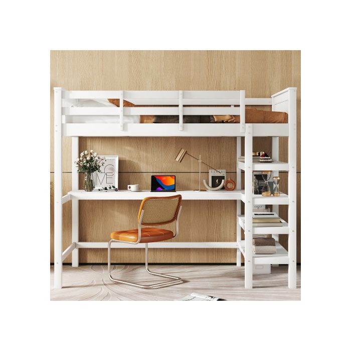 Lit Surélevé - MUVOE - 90 X 200 Cm - Bureau Intégré - Compartiments De Rangement - Blanc