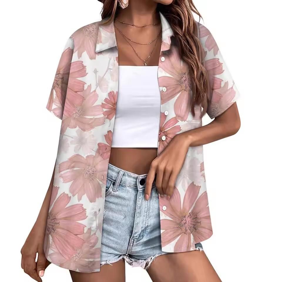 Print Graffiti Cardigan Women Short Sleeve Tops Loose V-Neck Summer Streetwear Shirts Female Single Breasted Casual Blouses 2024