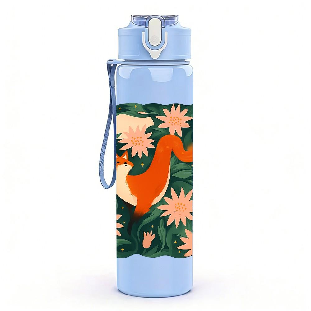 1PC Square Floral Fox Art 750ml Color Plastic Sports Water Bottle Leakproof Flip Straw Lid Suitable for Sports Office Home Use