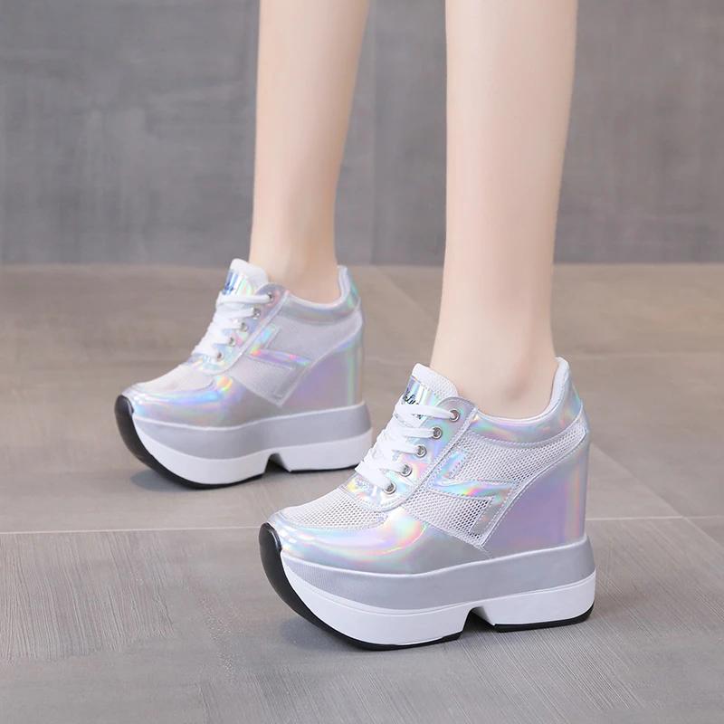 Fashion Spring Breathable Mesh Sneakers Hidden Increasing Sport Shoes 2024 Woman Wedge Casual Chunky Shoes High Platform Shoes 10.5CM