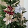 Glitter Powder Artificial Poinsettia Pick with Stem Fake Flower Ornament  Home Wedding
