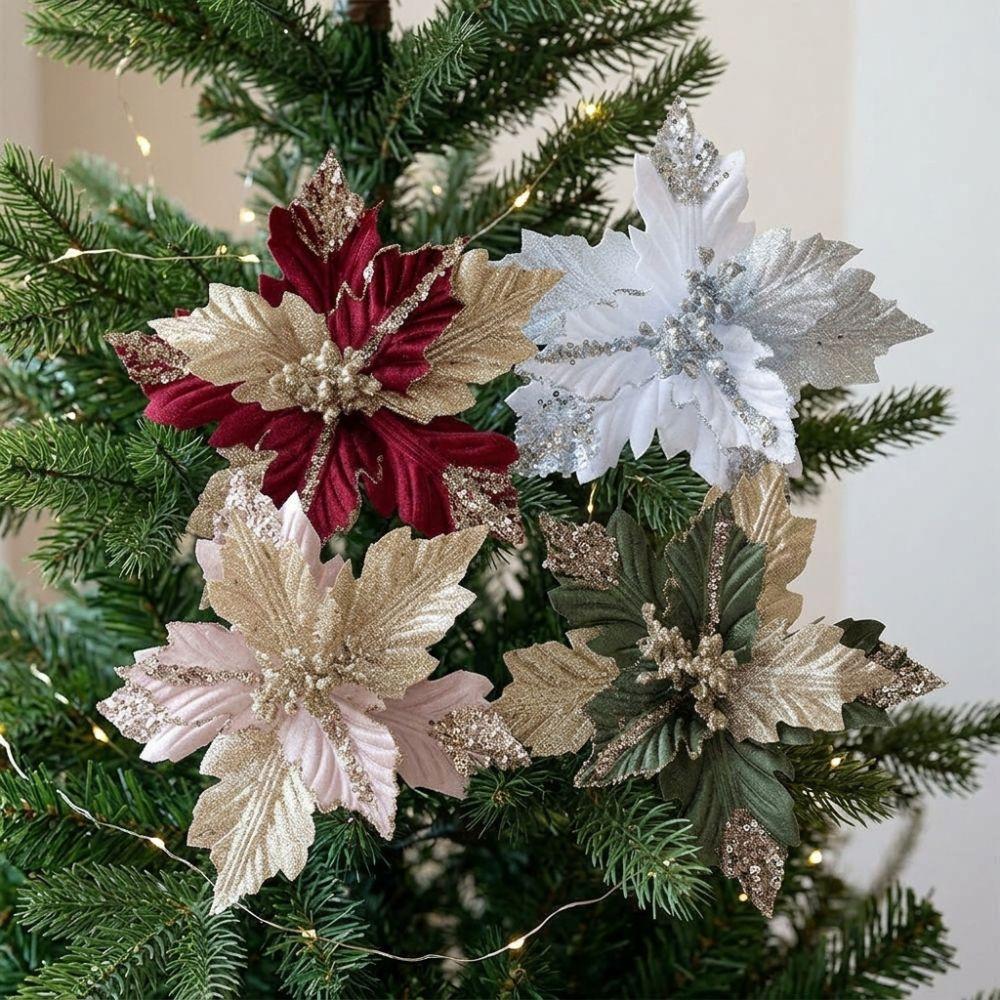 Glitter Powder Artificial Poinsettia Pick with Stem Fake Flower Ornament Home Wedding