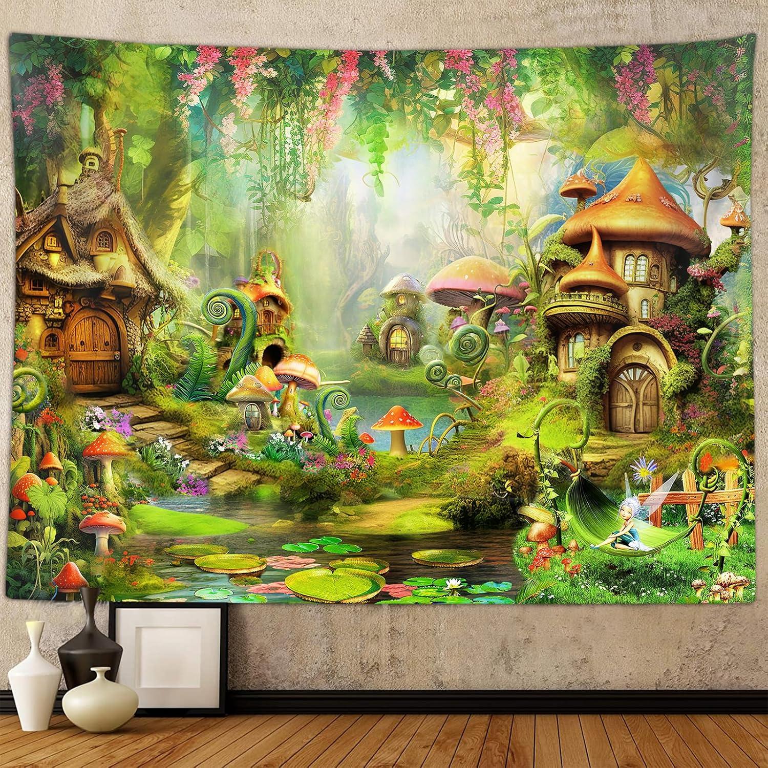 Tapestry fairytale forest mushroom cute fantasy 75x100 чёрный