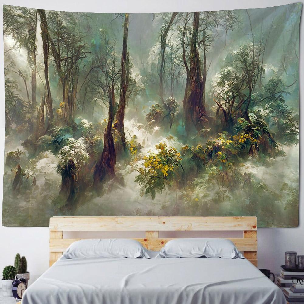 Beautiful Forest Tapestry Mist Jungle Landscape Wall Hanging Bohemian Fabric Decorative Carpet Home Room Background Poster