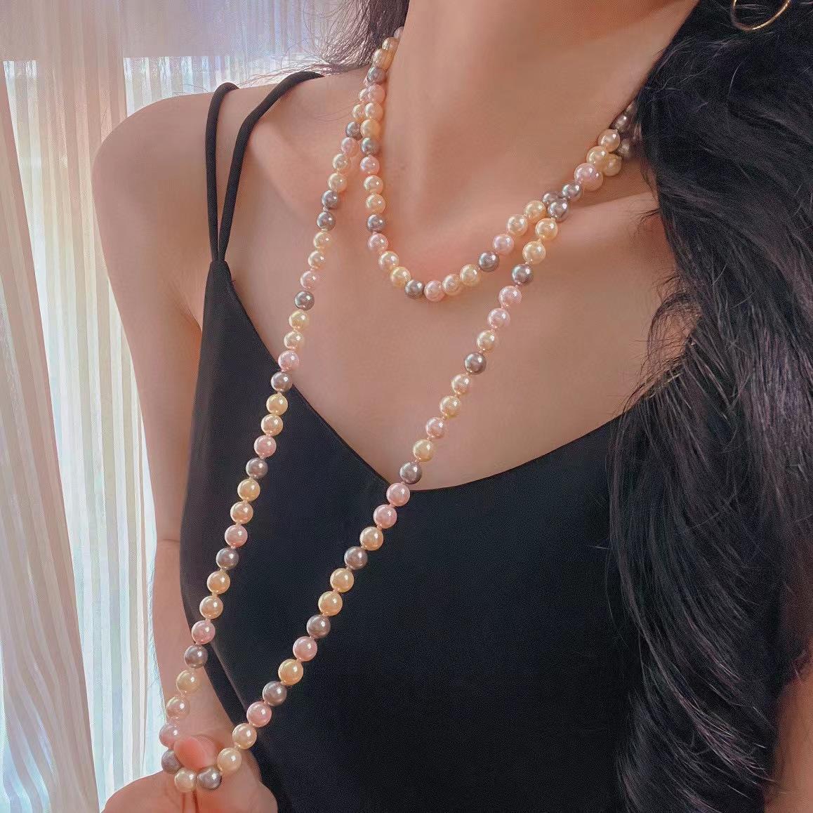 

Vintage 120Cm 8Mm Mixed Color Maillard Wind Bead Sweater Chain, A Variety Of Wearing Methods, Multi-Layer Pearl Items