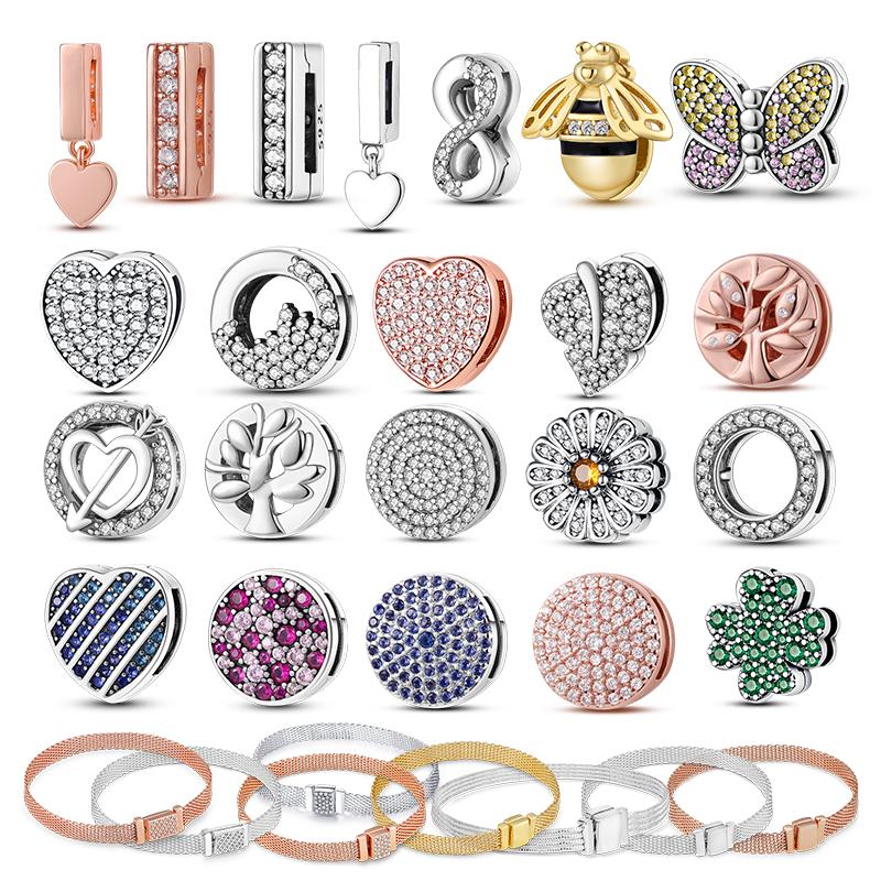 

Зажим для цепочки безопасности из стерлингового серебра 925 пробы, круглые бусины с паве, подходят для оригинального браслета с отражениями, подвески, ювелирные изделия