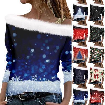 Damen Herbst- und Winter Langarm Einseitiger Träger Weihnachtsdruck Pullover Top