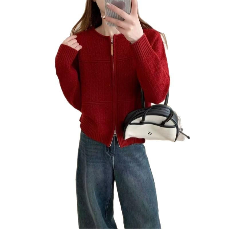 1011 autumn and winter new design zipper knitted cardigan women's loose lazy wind small sweater jacket
