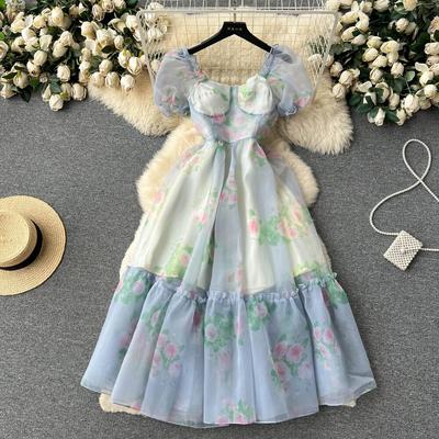 French Sle Retro Květinové šaty s nafouknutým rukávem pro ženy, Placodon Grandiflorum, Design, Barevný potisk