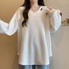 Spring Autumn V-neck Solid Color Long Sleeve T-shirt Women Loose Casual Simple All-match Pullover Tee Top
