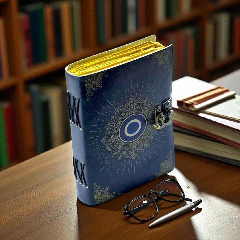 Handmade Evil Eye Leather Journal: Blue & Gold Book of Shadows