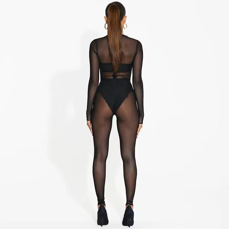 2024 Summer Sexy See-Through Mesh Jumpsuit - European & American Long-Sleeved Style