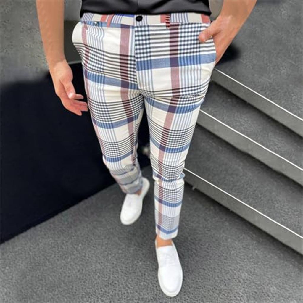 Mens Casual Fashion Multi-color Digital Print Plaid Suit Pants