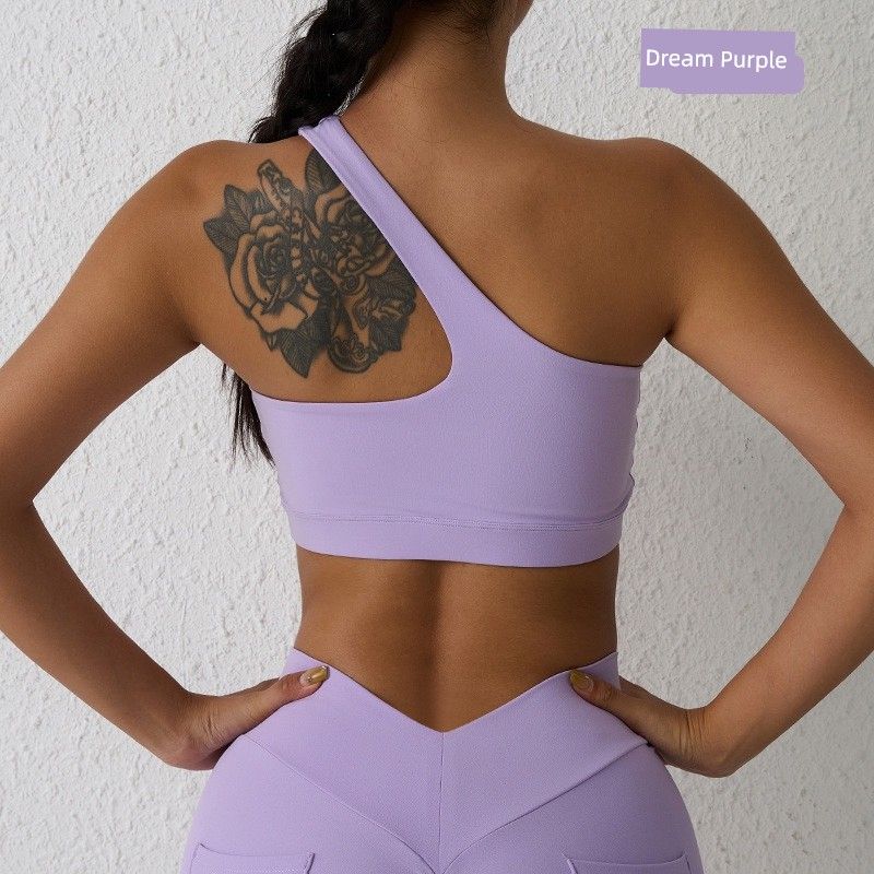 Nude Feel Sports Underwear One Shoulder Yoga Bra Removable Sports Beauty Back Bra Fitness Sports Outer Wear Sloping Shoulder