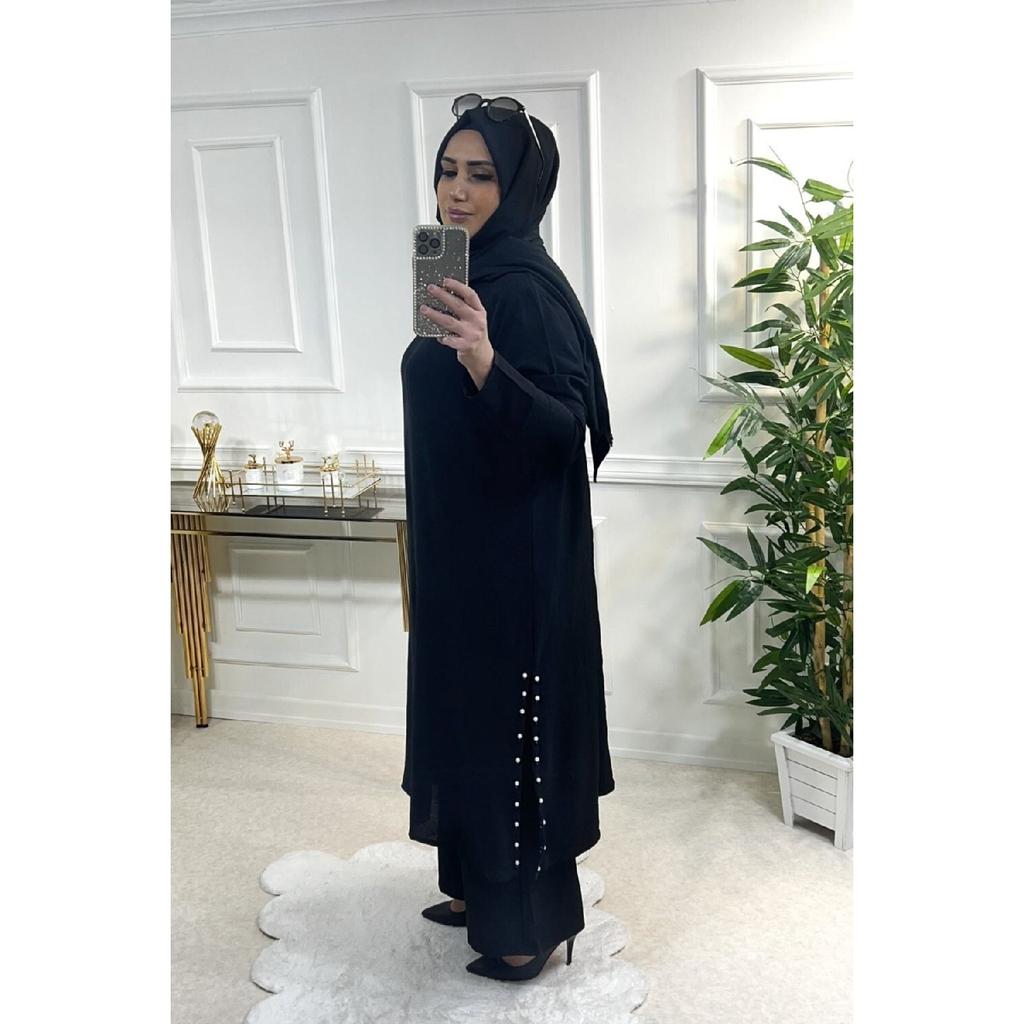 Large Size Pearl Suit With Slits On The Sides - Black