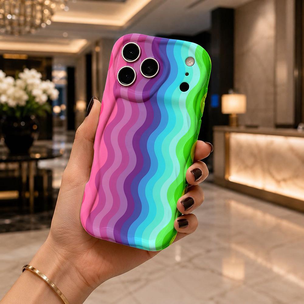 Rainbow Wave Stripe Iridescent Phone Case For iPhone 17 16 15 14 13 12 11 Pro Max Plus Wavy Edge Cover