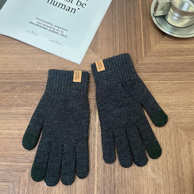 Winter Men's Leather Standard Knitted Gloves Can Be Piled To Keep Warm Wool Solid Color New Simple and Versatile Trendy