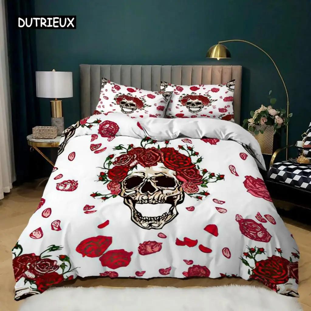 Skull Duvet Cover Queen Size Gothic Skeleton Bedding Set Rose Flower Polyester Comforter Cover for Kids Teens Adults Halloween