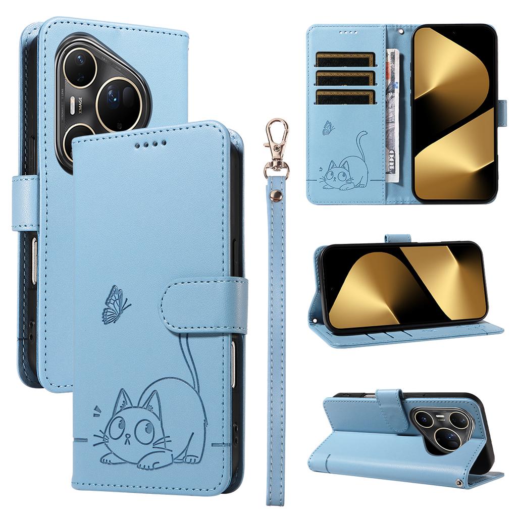 Husă pentru Huawei Pura 80 Ultra, Model Pisică, Imprimeu Piele, Husă Telefon cu Curea de Mână