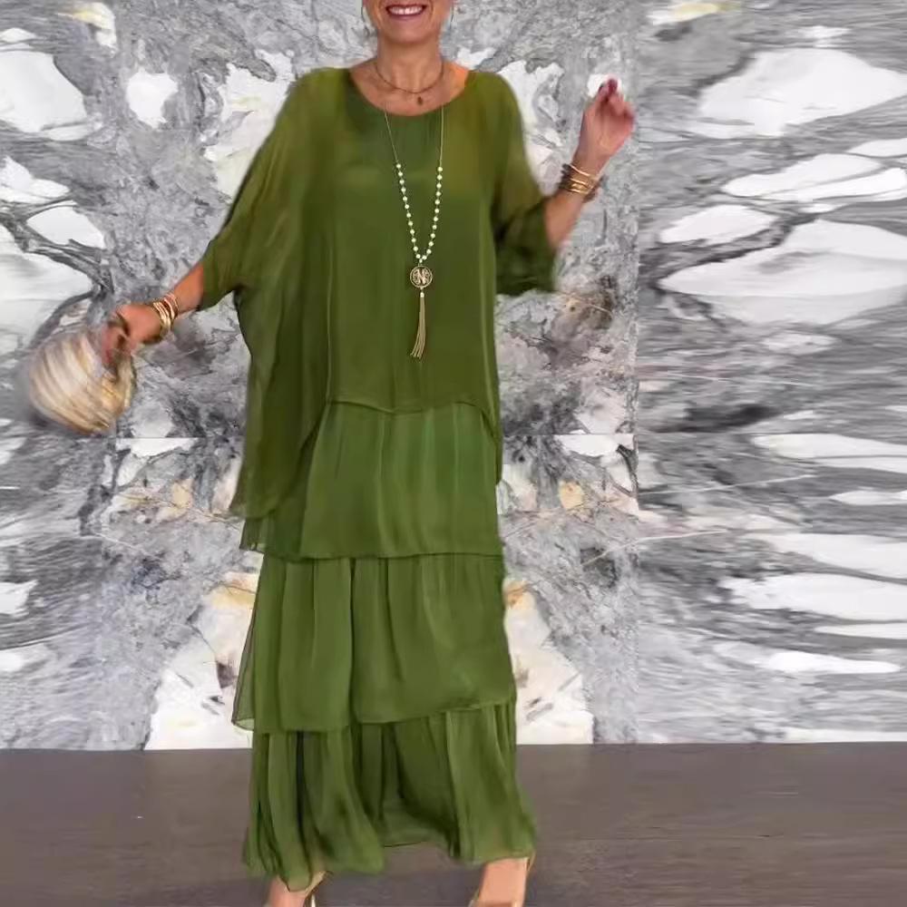 2024 Chiffon Mesh Bat Sleeve Round Neck Long Dress