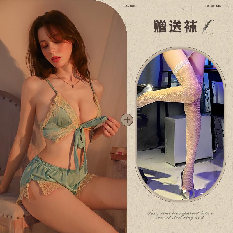 Sexy bow lace-up split two-piece sex suit women's deep V lace seduction sex pajamas