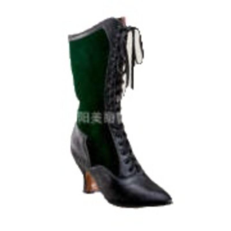 Women's Party Mixed Colors Mid-Calf Boots Pointed Toe Square Heel Lace Up Women Shoes Elegant Retro Fashion Boots Large Size 43