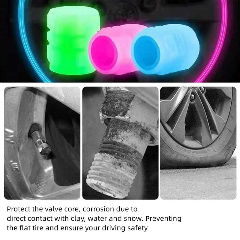 4 Waterproof Luminous Caps for Car Tire Valves and Tire Fitting Tools