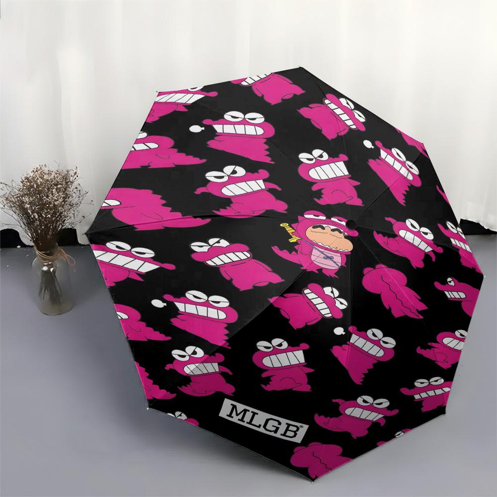 Crayon Shin-chan Pink Dinosaur Print Fully Automatic Folding Umbrella, Waterproof Windproof UV Protection for Outdoor Travel