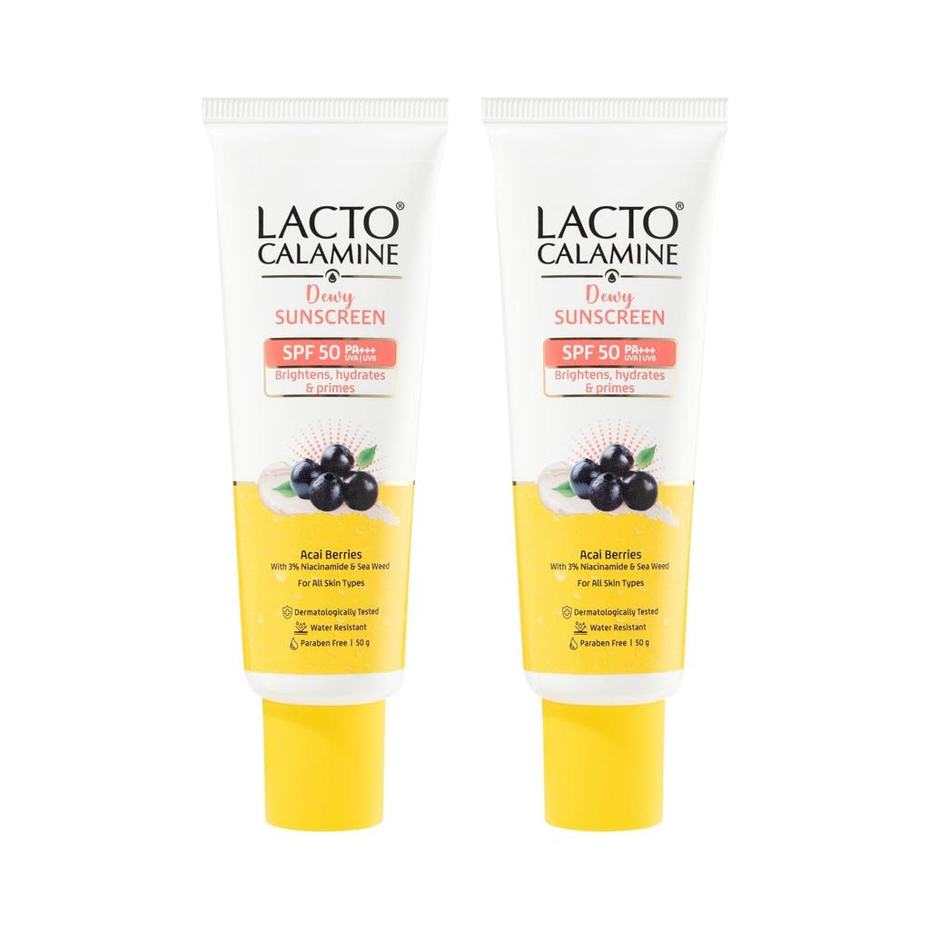 Lacto Calamine Dewy Sunscreen Acai Berries,Niacinamide & Watermelon SPF 50 PA+++ 50g x 2 Water Resistant No White Cast UVA UVB