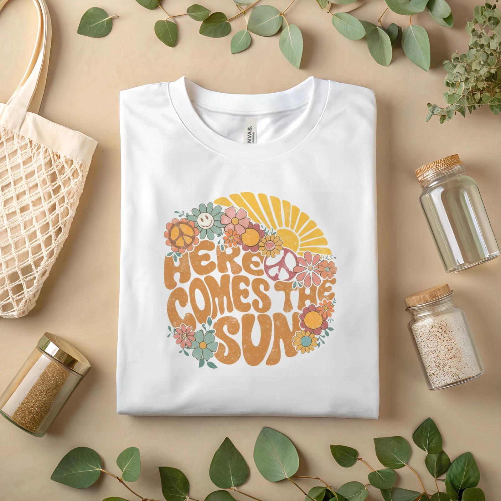 Here Comes The Sun T-Shirt Retro Hippie Graphic Tee Vintage Flower Shirt A16 2XL